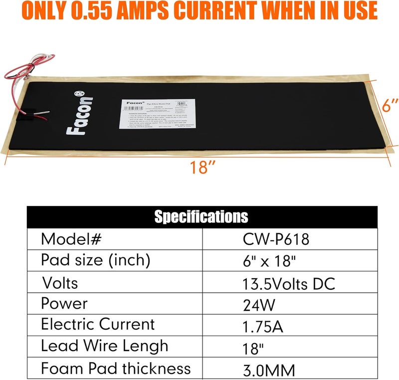 FACON 6" x 18" RV Pipe Heater Pad - 2Packs, Work for 1-1/2" Pipe, Heating Pad for RV, Camper, Travel Trailer and Motorhome Water Tank System, DC 12Volts-13.5Volts - Image 2